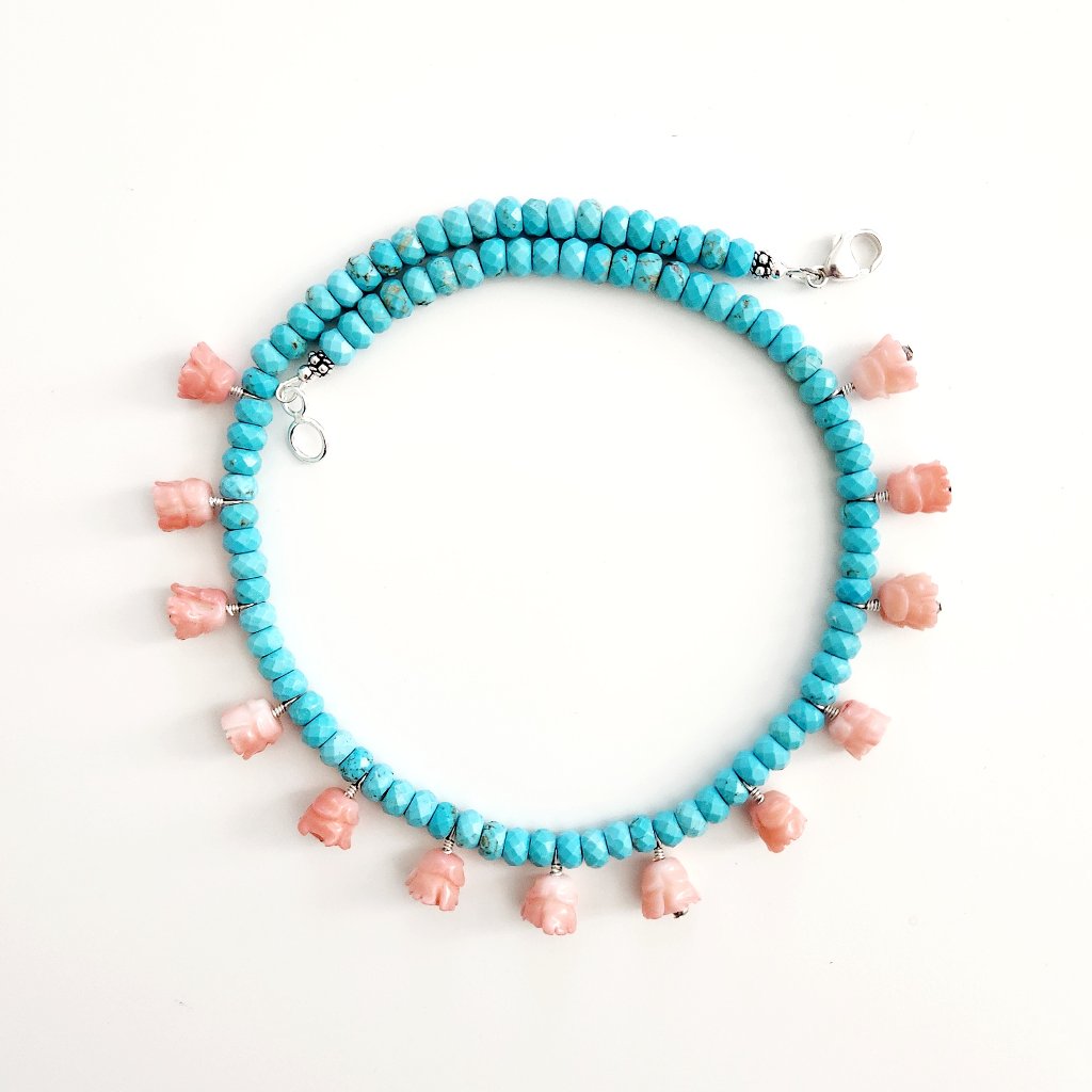 Turquoise Necklace W Coral Flower Drops--16 98$
